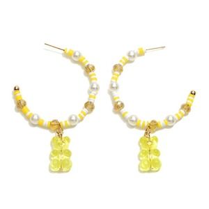 Yellow White Heishi Bead Hoop Earrings with Pearl Bead and Candy Bear Charm